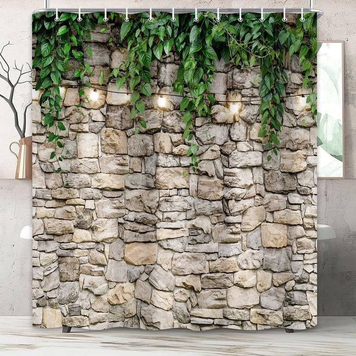 Stone Brick Wall Shower Curtain, Green Leaves Shower Curtain Set for Bathroom, Vintage 3D Vine with Lights Fabric Shower Curtain Restroom Bathtub Decor Accessories with Hooks 72X 75 inch