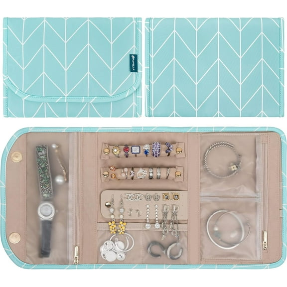 PAVILIA Travel Jewelry Case Organizer, Foldable Jewelry Travel Roll Bag, Small Jewelry Travel Pouch Wallet for Earrings, Rings, Necklaces, Bracelets, Travel Packing Accessories (Chevron Teal)