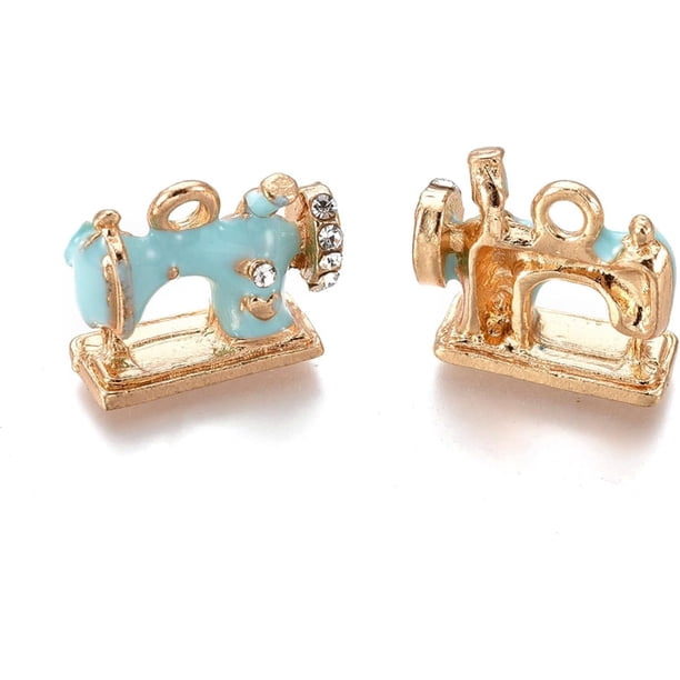 10 colgantes de aleación con esmalte y diamantes de imitación para máquina de coser, color cian dorado, 13,5 x 16 x 6 mm, agujero de 2 mm.