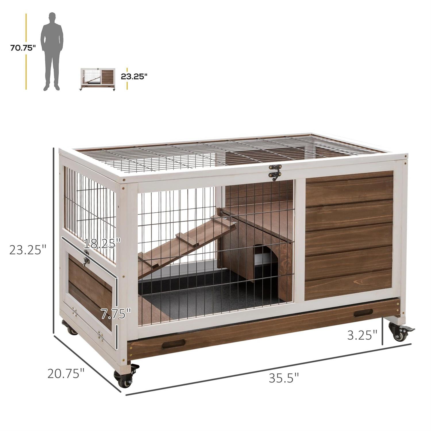 Pefilos 35" Wooden Rabbit Hutch Indoor, Outdoor Bunny Enclosure on Wheels Guinea Pig Cage for Small Animals with Pull Out Trays, Brown