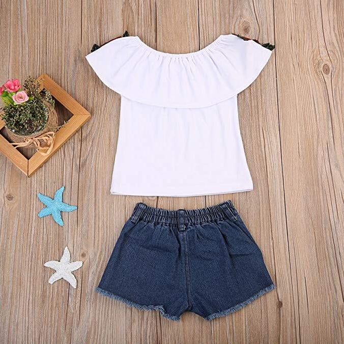 Infant Baby Girls Off Shoulder Flower Rose Striped Top+Short Outfit Set H4