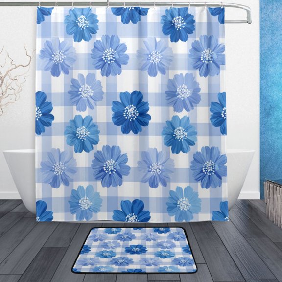 TTYFWHD 60" x 72" Shower Curtain and Bath Mat Set Beautiful Blue Gardenias Waterproof Bathroom Curtain with 12 Hooks, Bathroom Decor Set
