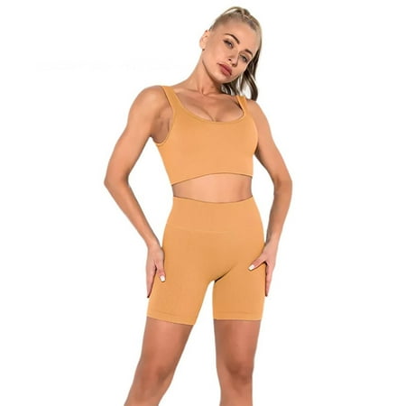 

Seamless knitted Sexy Sports short sleeve shorts bra Yoga suit fitness Pants Set Beige