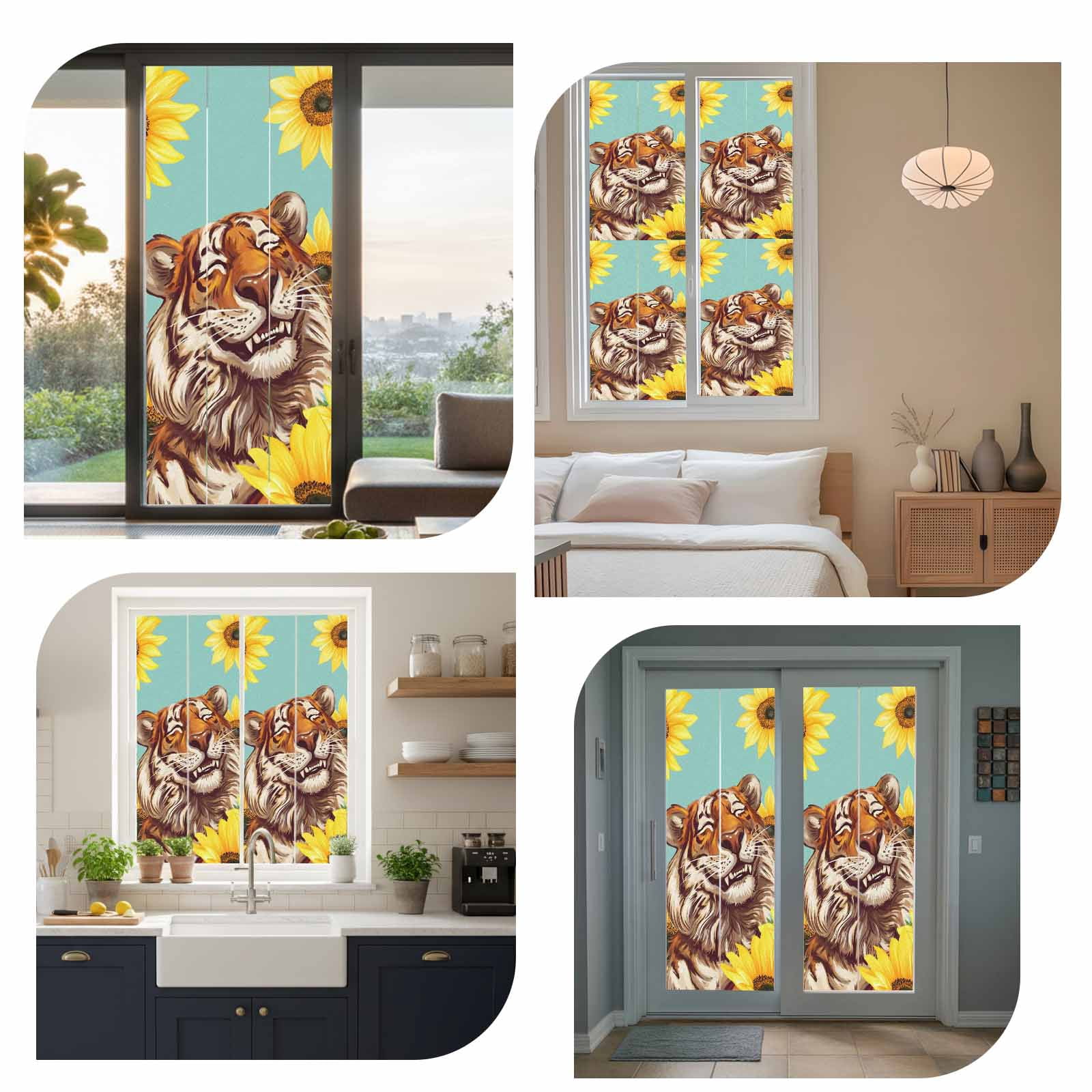 Funny Tiger Sunflower Window Privacy Film, Cartoon Summer Animal Floral Frosted Glass Window Clings Static Cling UV Heat Blocking Reusable Door Sticker for Bathroom 23.6 x 59 Inch