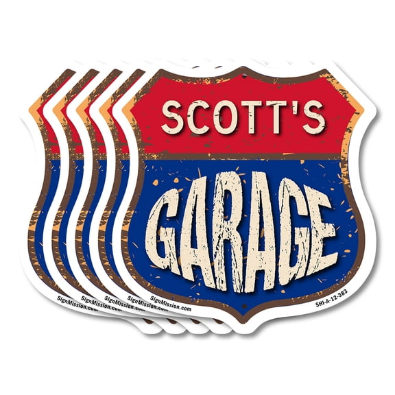 Scott's Garage (5 Pack) 12 inch X 12 inch Shield-Shaped Rust-Free Aluminum Metal Signs Weather Resistant, UV Protected To last, Gift for Dads and Uncles Classic Americana Crafted in the
