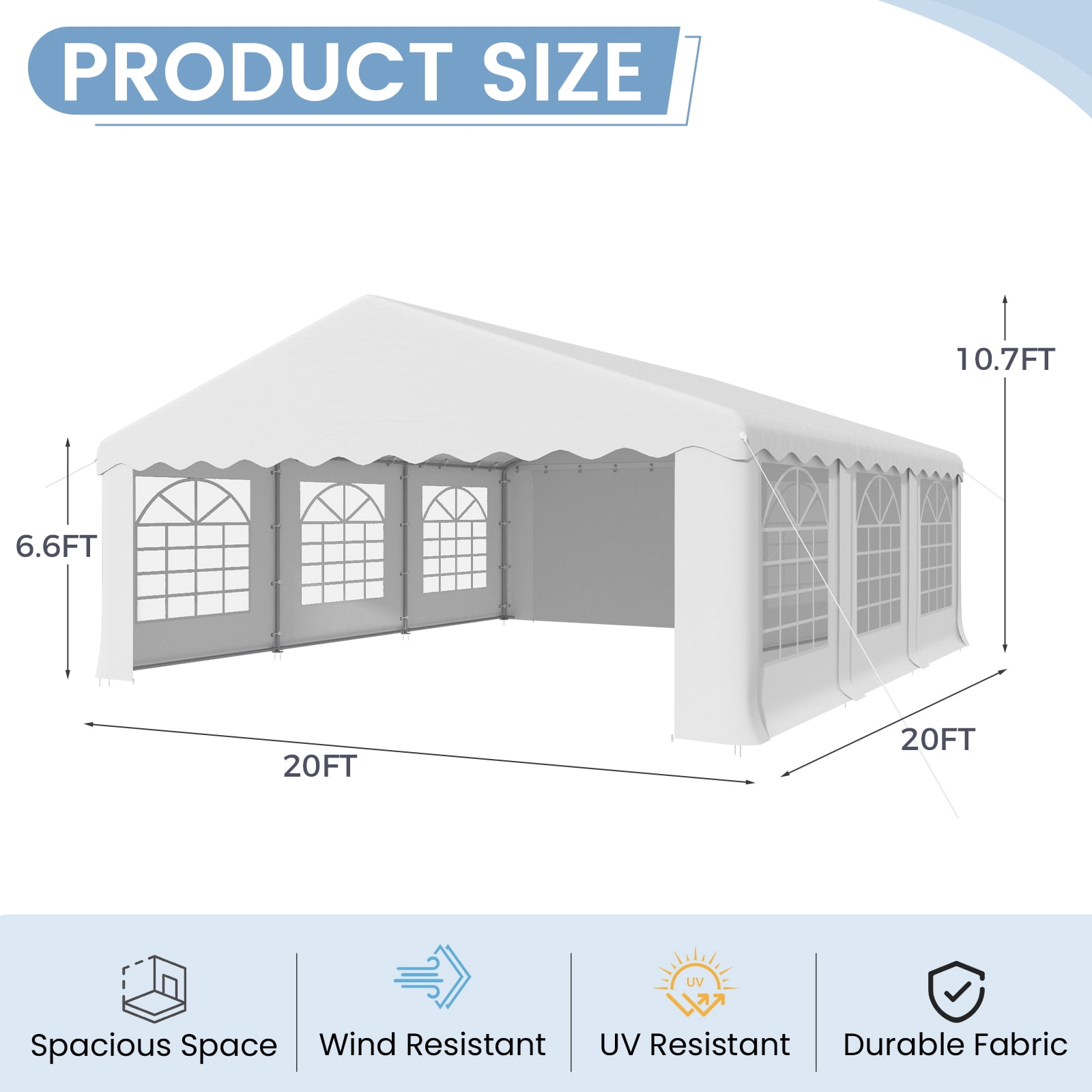Erommy 20x20FT Heavy Duty Party Tent, Outdoor Wedding Canopy with 8 Removable Sidewalls, 2 Roll up Doors for Large Events,White