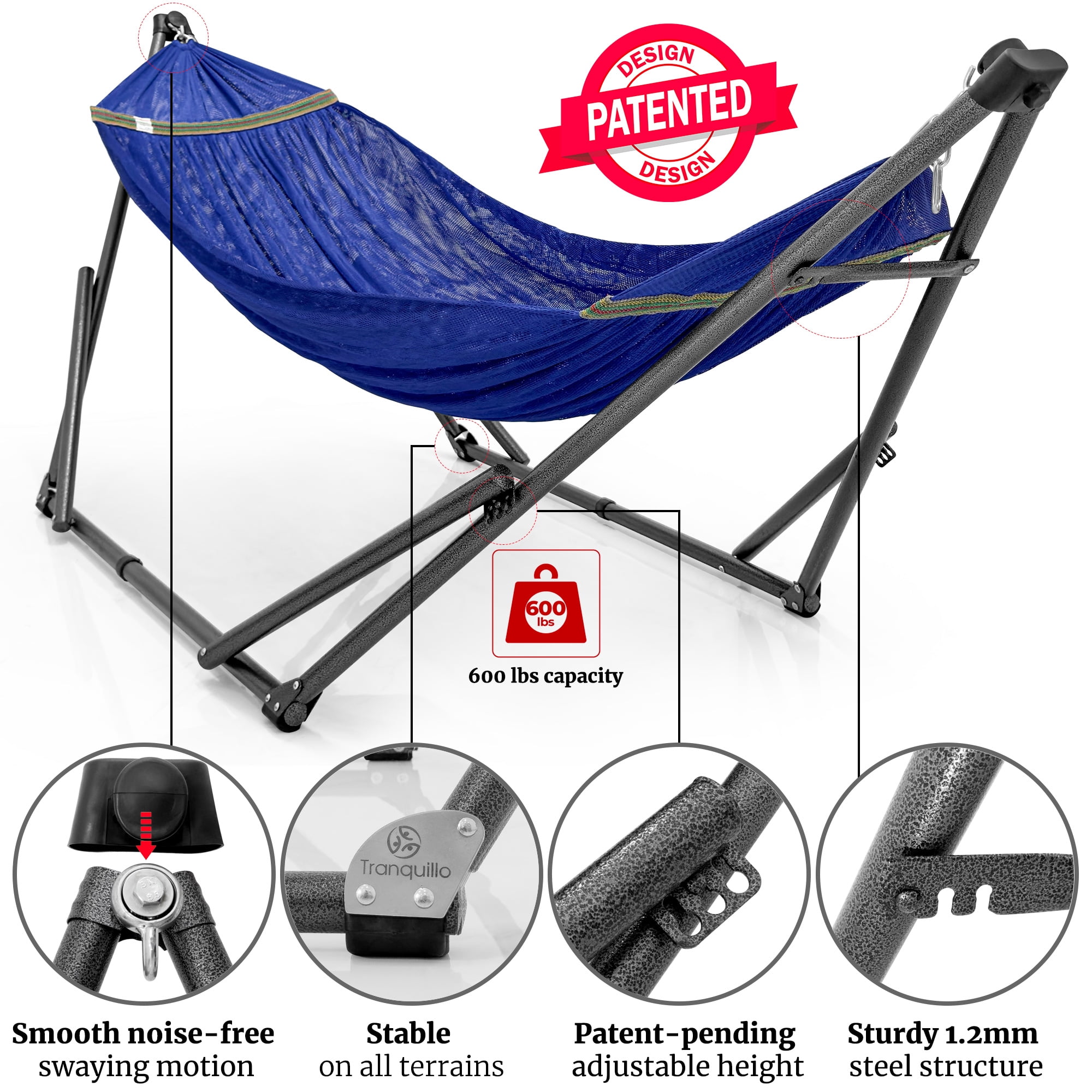 Tranquillo 600lb Capacity 2 Persons 2 Hammocks Included/Foldable Portable Hammocks with Stand, Tree Straps, Carry Bags for Garden Camping, Blue