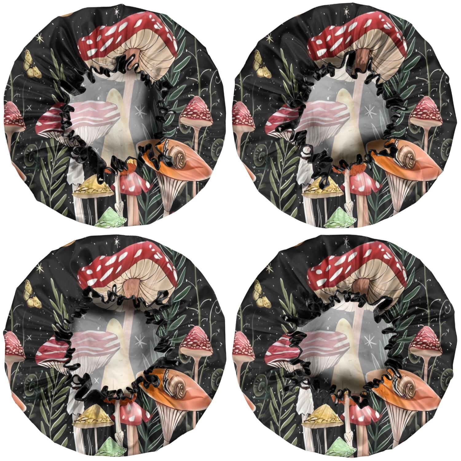 Shower Caps,Red Mushroom Butterfly Black Pattern Waterproof Shower Cap for Women 4 Pieces,Double Reusable Hair Cover for Shower PEVA Elastic Stretch Hem
