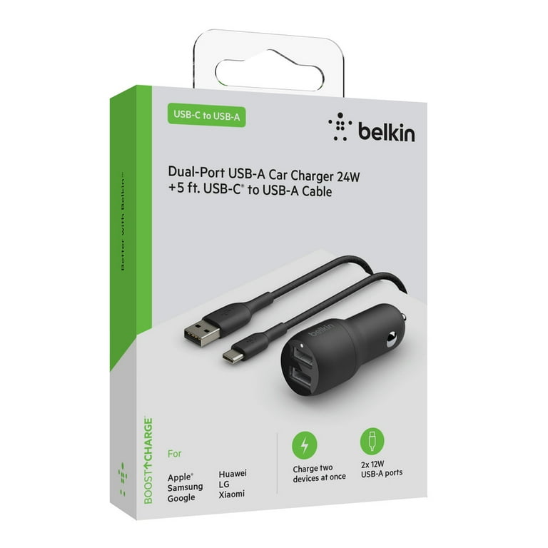Belkin BOOSTCHARGE 24W Dual-Port USB-A Car Charger + USB C to USB-A Cable,  5ft 