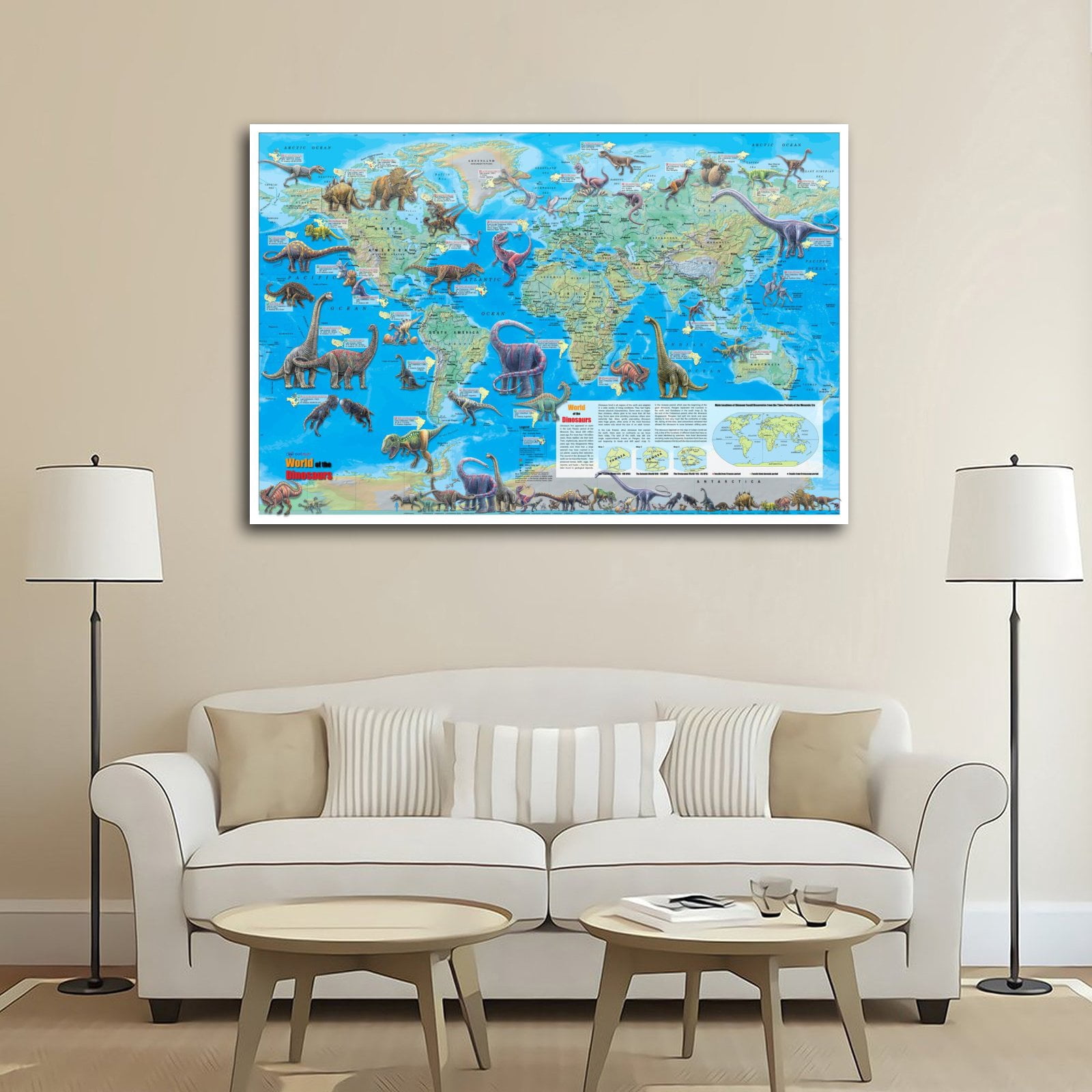 Dinosaur Map of The World Poster Decorative Painting Canvas Wall Art Living Room Posters Bedroom Painting 24x36inch(60x90cm)