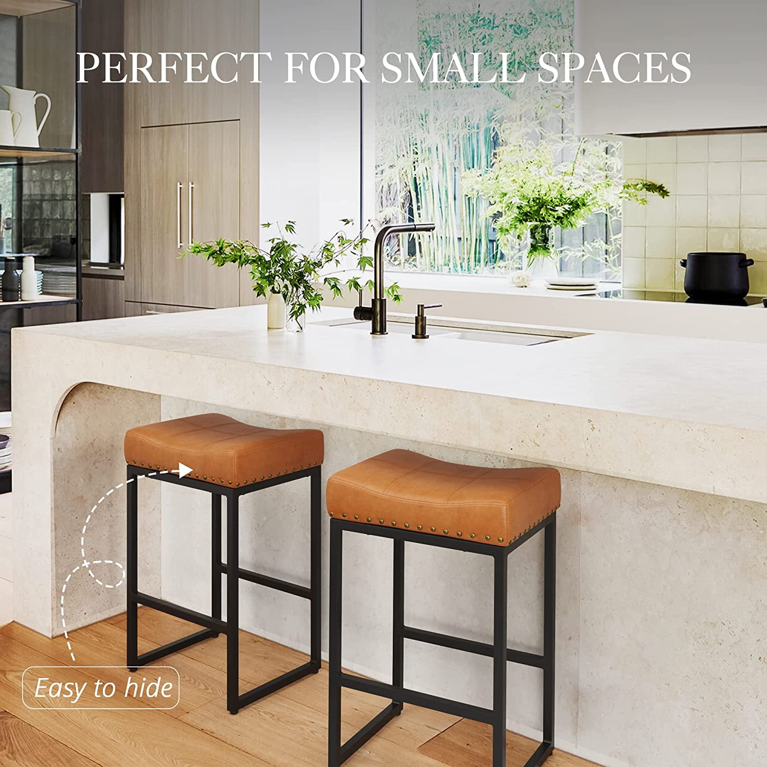 Dycanpo 24" Saddle Counter Height Bar Stools Set of 4, Modern Faux Leather, for Kitchen, Brown