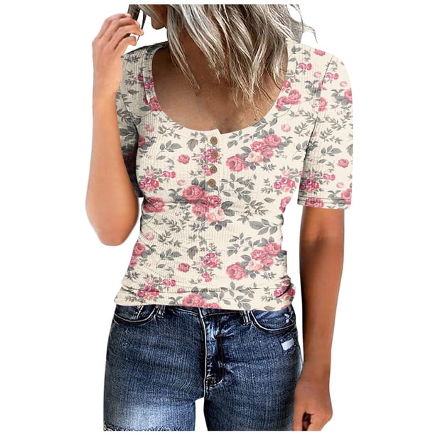 Fiudx Camisetas para Mujer Camiseta Holgada de Manga Corta con Botones y Cuello Redondo para Mujer