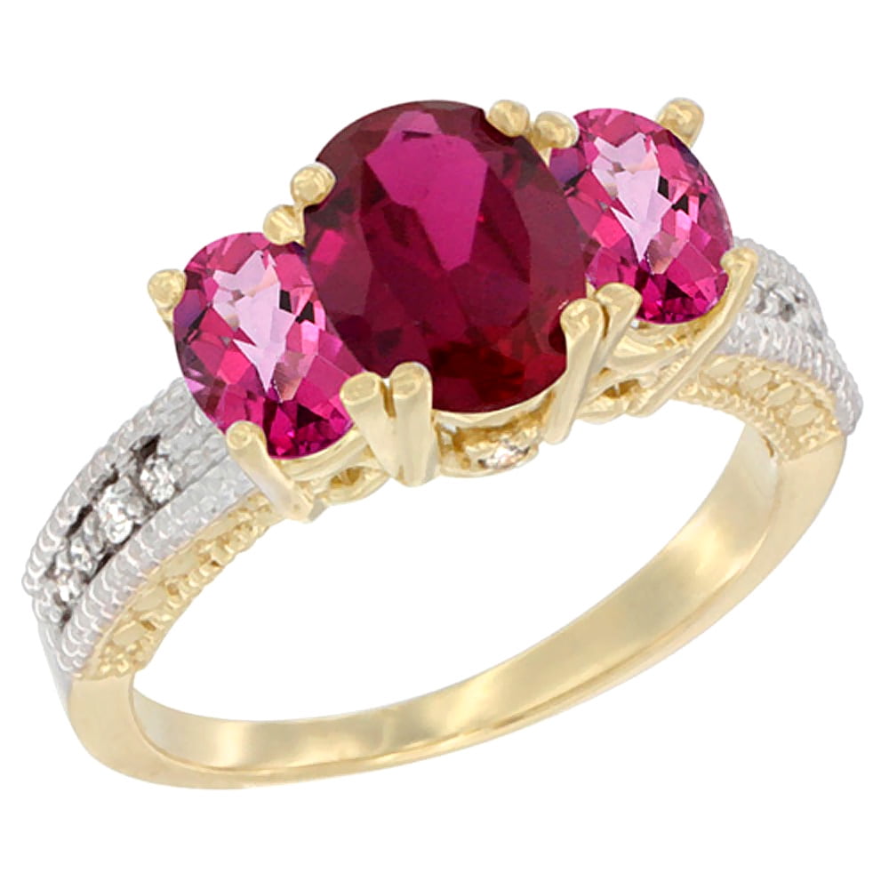 10K Yellow Gold Diamond Enhanced Ruby Ring Oval 3-stone with Pink Topaz, sizes 5 10 by WorldJewels