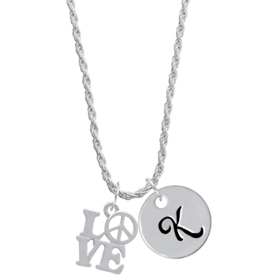 Delight Jewelry Love with Peace Sign Silvertone Script Initial Disc - K - Charm Necklace, 20"+3"