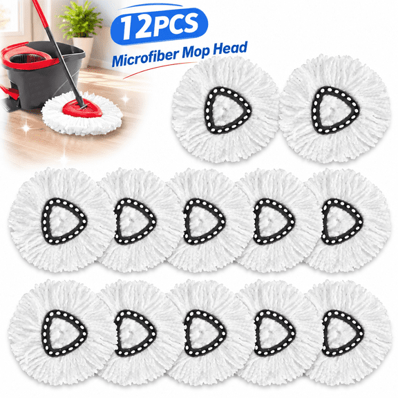 12 Pack Mop Heads, Mop Head Replacement for Triangle Spin Mop Systems, Microfiber Spin Mop Replacement Head Refills, Machine Washable for Hardwood, Tile & Floor