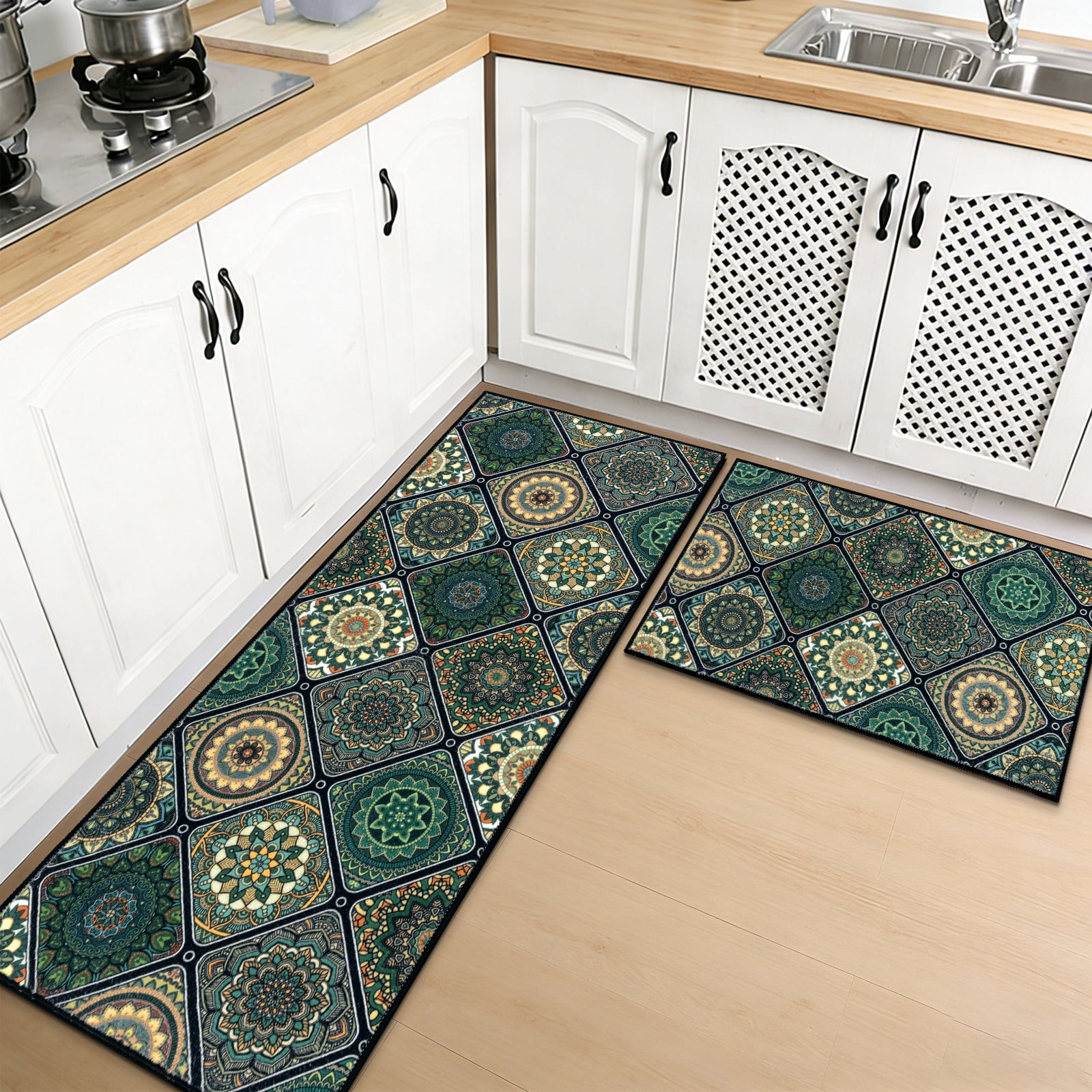Findosom 2pc Boho Kitchen Rugs and Mats Set, Non Slip Washable Kitchen Runner Rug for Kitchen Floor, Farmhouse Kitchen Decor, Hallway, Entryway, Laundry Room,20"x32"+20"x47" Green