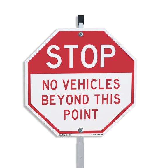 Stop No Vehicles Beyond This Point 10 inch X 10 inch Octagon Plastic Sign with Aluminum Mounting Stake Weather Resistant UV Protected for Workplace Private Property and Construction