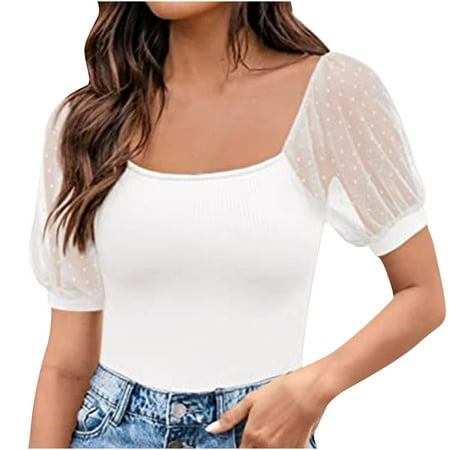

Corset Tops for Women Mesh Short Sleeve Plain Cute Shirts Tops Square Neck Knit Ribbed Slim Fit Tunic Tees Blouses