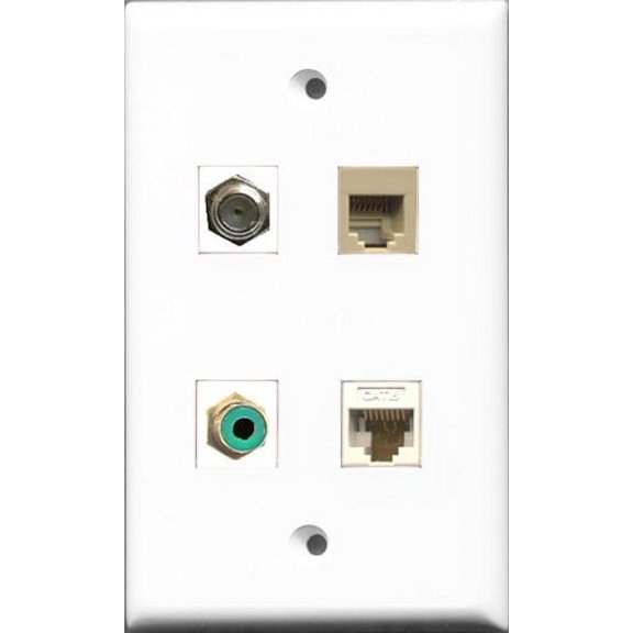 RiteAV 1 Port RCA Green and 1 Port Coax Cable TV- F-Type and 1 Port Phone RJ11 RJ12 Beige and 1 Port Cat6 Ethernet White Wall Plate