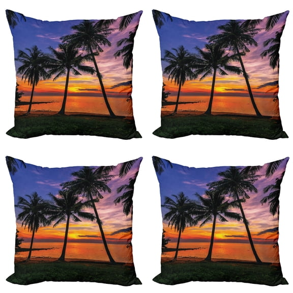 Ambesonne Tropical Throw Pillow Cover 4 Pack, Palm Trees Sunset View, 24", Multicolor