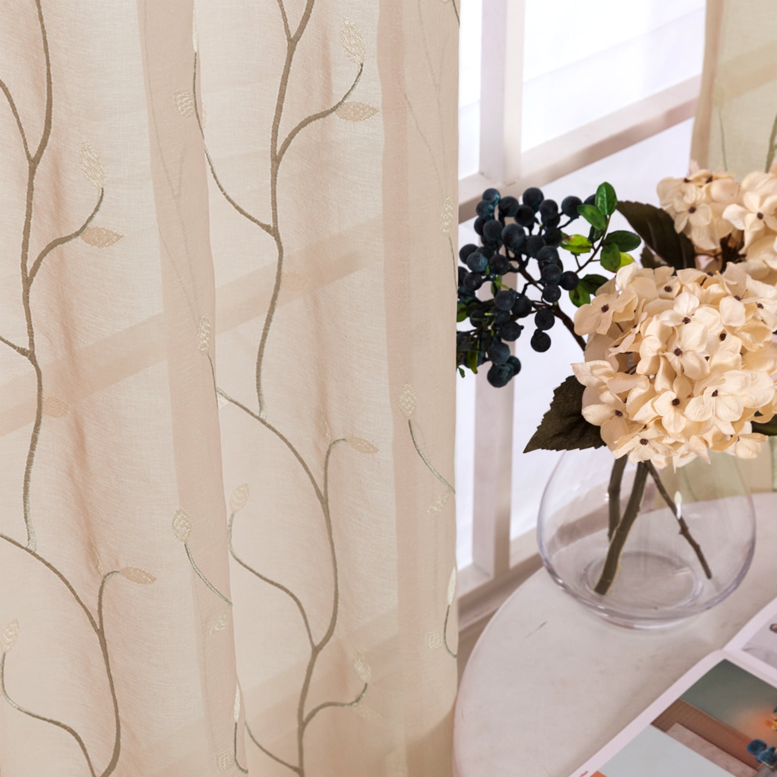 Curtainking Farmhouse 2 Piece Leaf Embroidery Light Filtering Curtain Set