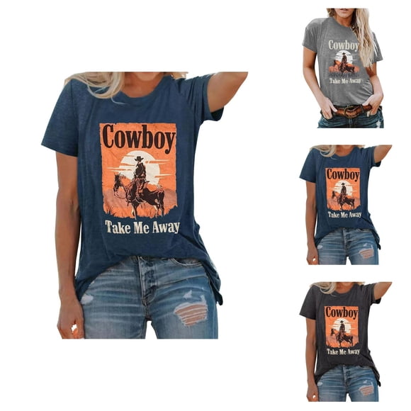 T-shirts pour Femmes Cowboy Emmène-Moi 2026 Mode d'Été Manches Courtes Col Rond Drôle Vintage Western T-Shirts Graphiques