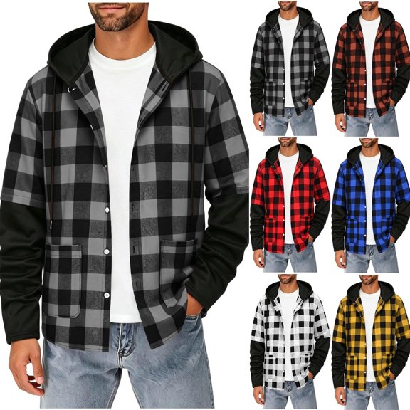 Babcutegg Men's Hooded Sweatshirt with Pockets Plaid Print Button Up Shirt Versatile Casual Drawstring Hoodies Black Size 2XL