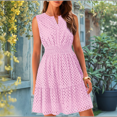 thumbnail image 5 of Women'S Summer Dresses 2025 Sleeveless V Neck Eyelet Hollow Out Swing A Line Beach Vacation Sun Dress Pink L, 5 of 7