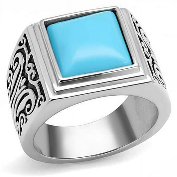 Men High Polished Stainless Steel Ring with Synthetic in Sea Blue - Size 9