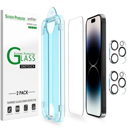 (2+2 pack) amFilm iPhone 14 Pro Max OneTouch Tempered Glass Screen & Lens Protector (6.7")