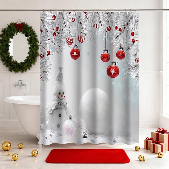 Cortina de ducha navideña con estampado de bolas y estrellas | Cortina de baño impermeable de poliéster | Decoración festiva para el baño con ojales metálicos