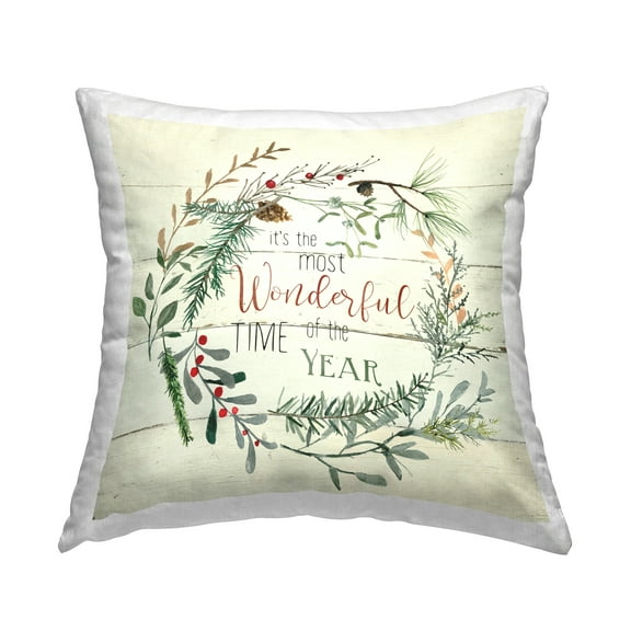 Stupell Industries Wonderful Time of Year Holiday Botanicals Wreath Design by Carol Robinson Throw Pillow