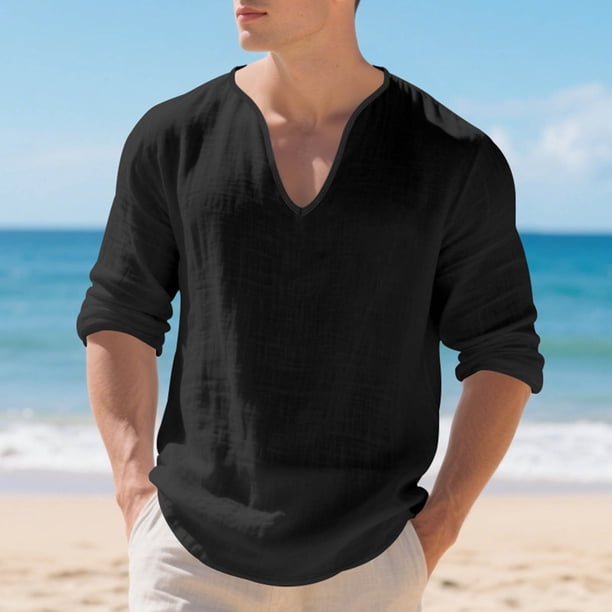 pstuiky camisas de manga larga para hombre, Top informal holgado de color liso con medio botón, mangas largas y cuello redondo para hombre Tops casuales para hombres xxxl