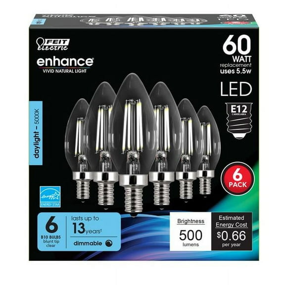 Feit Electric  60W Equivalence B10 E12 Candelabra LED Bulb Daylight, White - Pack of 6