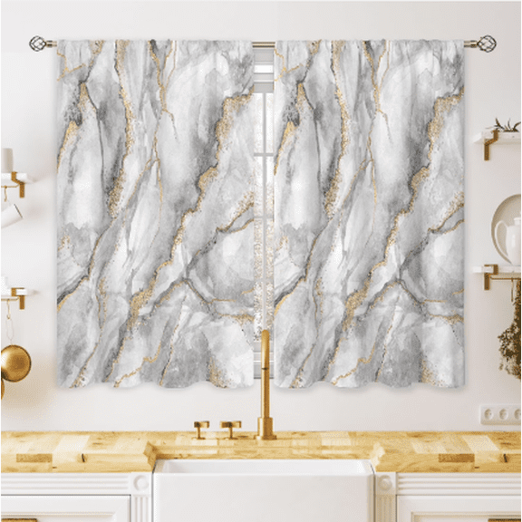 Voguly White and Gray Marble Texture Window Curtains, Modern Abstract Art Polyester Drapes 2 Panel Set, 27.5 x 39 Inch Window Treatments for Bedroom Living Room Kitchen Office