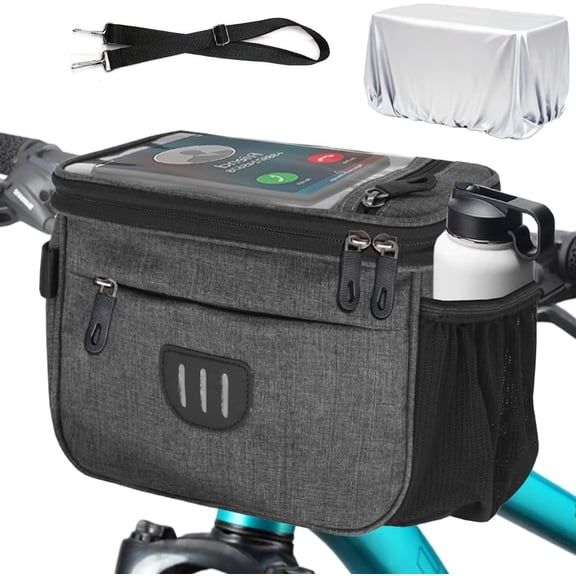 Zeokiar Bike Handlebar Bag with Rain Cover, Shoulder Strap, Bike Basket Front with Phone Holder 6.8", Road Mountain Bicycle Pouch for Kids Men Women