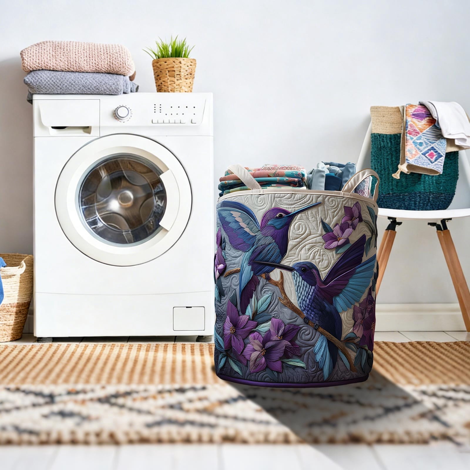 HCBY 20x28in Quilted Laundry Basket, Boho Hummingbird Floral Fabric Hamper, Foldable Storage Bin with Handles, Ideal for Nursery, Bedroom & Laundry Room
