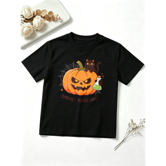 Boys Graphic Tees Spooky Vibes Only Halloween Pumpkin Cat Short Sleeve Kids T-Shirt, 100% Cotton Soft Casual Tops for Children