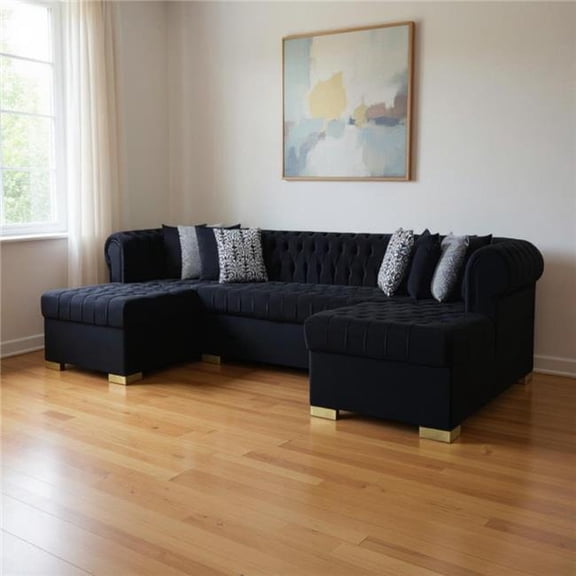 HomeRoots 643889 Black Velvet U Shaped 3 Piece Sofa & Chaise Sectional with Toss Pillows