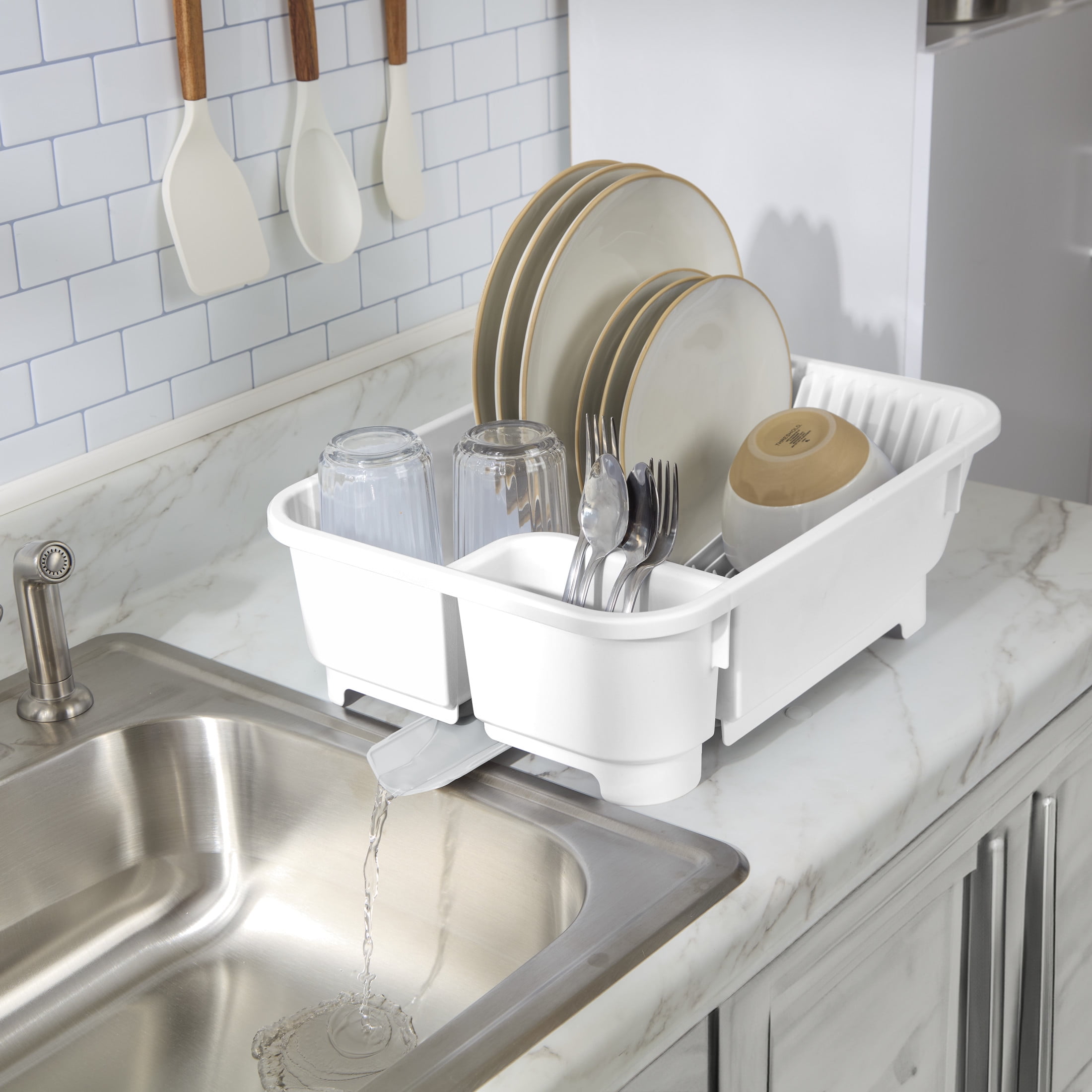 (5 pack) Mainstays Kitchen Sink Organizer Set with Self-Draining Caddy, Soap Dispenser, Sponge Holder and Retractable Spout for Sink Storage, White
