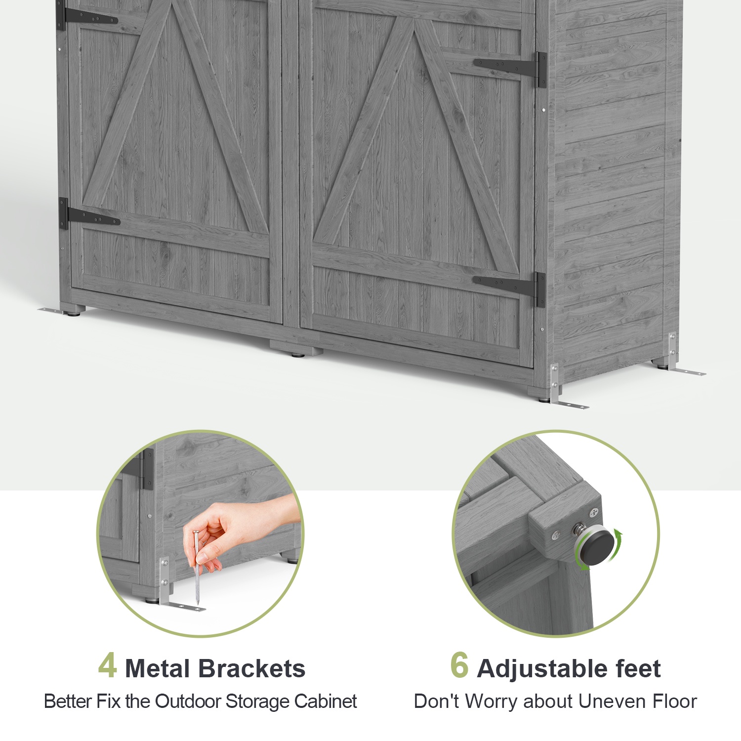 Asofer Outdoor Storage Cabinet with Floor, Waterproof Roof, Double Lockable Doors Garden Shed with 2 Removable Shelves, Gray