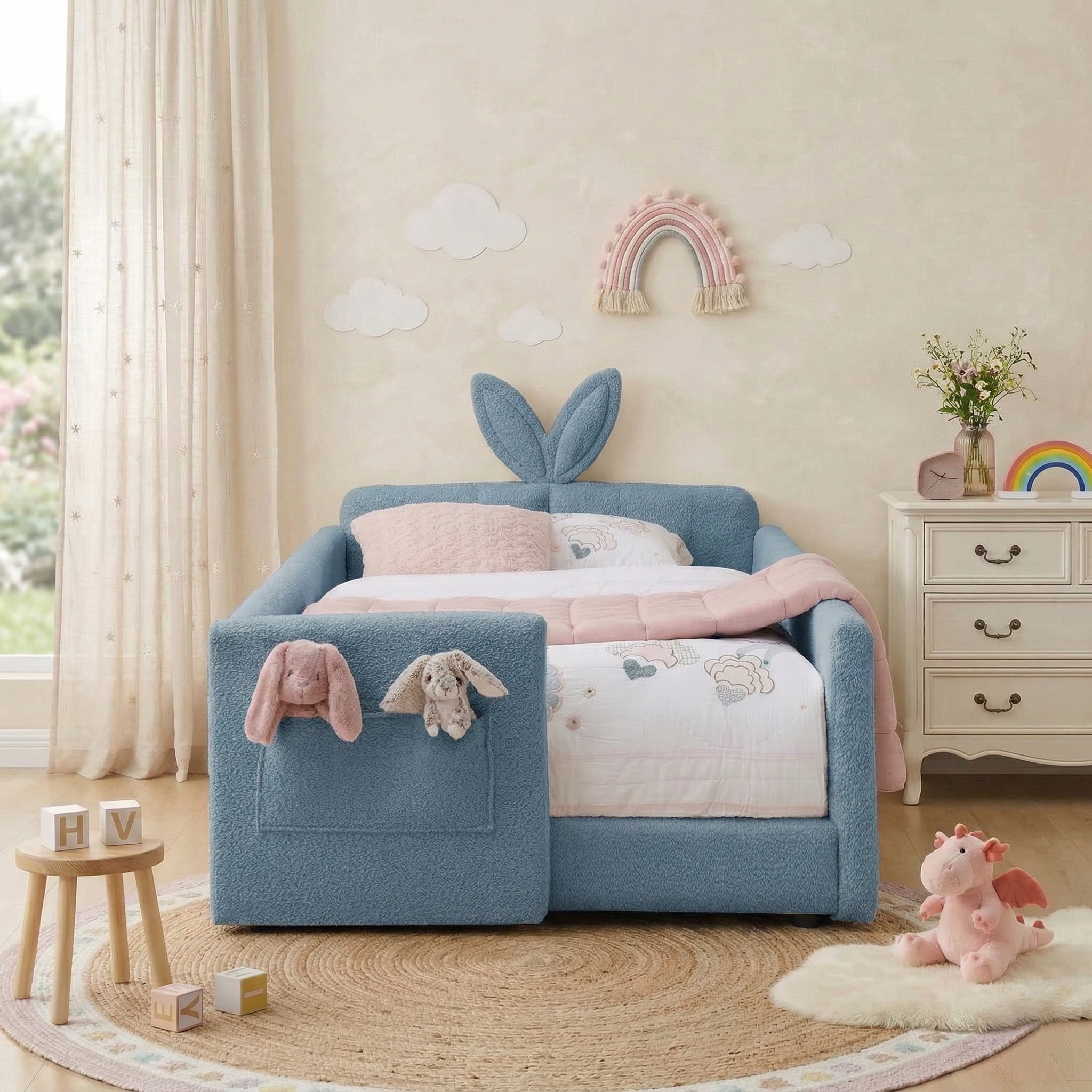 AISWORD Twin Size Kids Bed, Rabbit Ear Headboard, Upholstered Daybed with Slat Support & Side Pockets, Space-Saving Wooden Corner Sofa Bed, Blue
