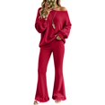thumbnail image 4 of VISALY Women Two Piece Outfit Sets Off Shoulder Long Sleeve Knit Sweatshirts Sweater Loose Fit Flared Pants Casual Athleisure Sweatsuit Trendy Lounge Travel Workout Matching Tracksuit Wine Xl, 4 of 9