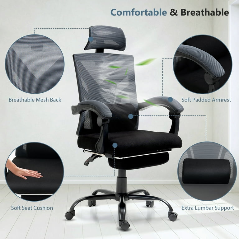 Reclining Office Chair with Foot Rest, Mesh Office Chair, Ergonomic Office  Chair with footrest, Computer Desk Chair with Lumbar Support Pillow, 280lb  Capacity 