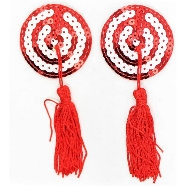 HTOOQ Sequin Nipple Cover Tassel Breast Pasties Adhesive Pasties Bra with  Tassels Red and White - - 
