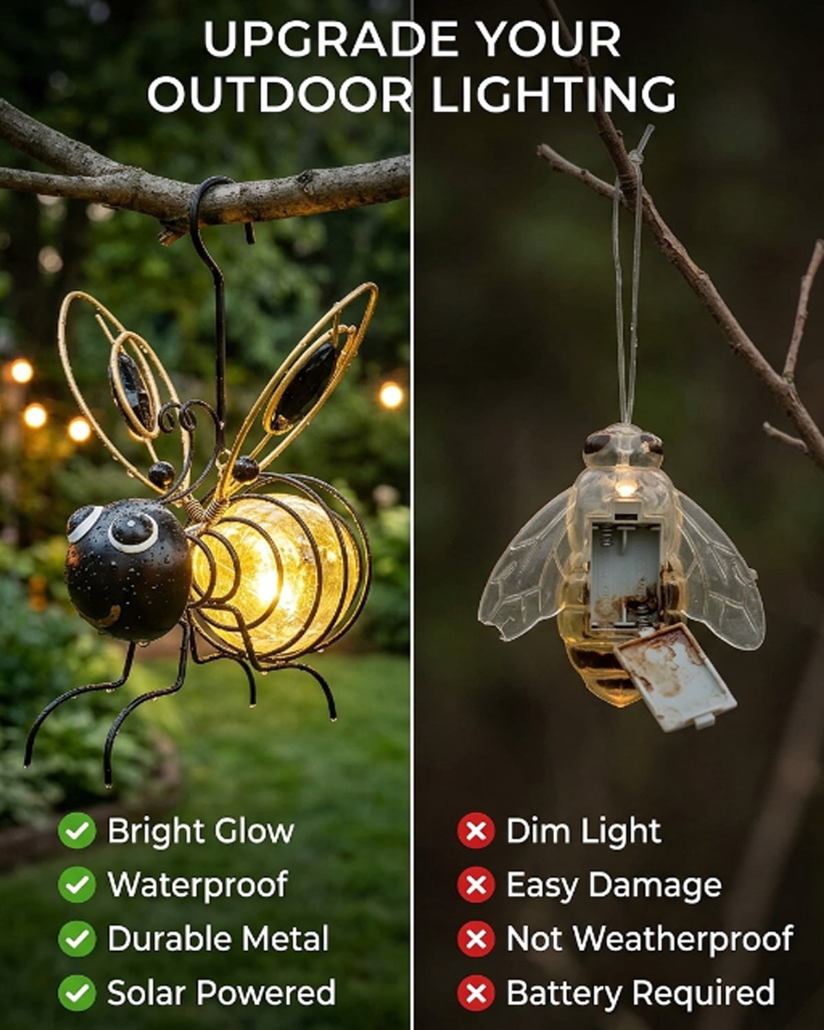 Outdoor Hanging Solar Bee Light, Waterproof Bumble Bees Solars Light, Glowing Metal Bee with Spring Figurine Lights, Cute Solar Insect, For Party Festivals Garden Decor Birthday Gifts