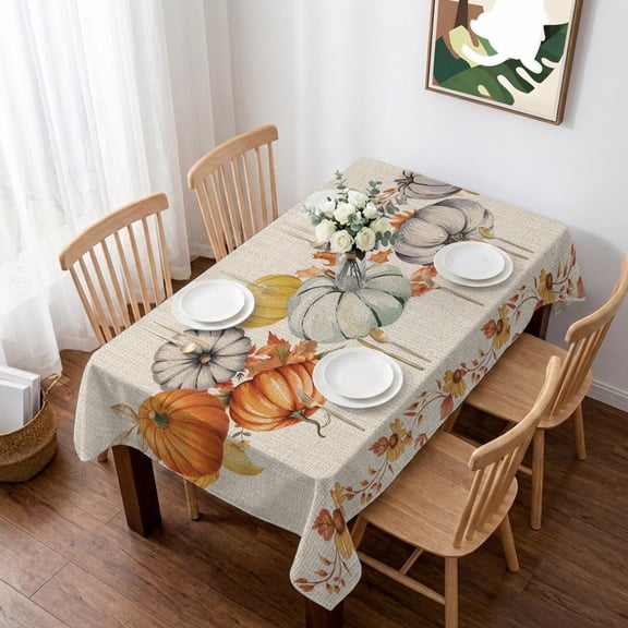 Fall Thanksgiving Table Cloth Waterproof Tablecloths, Orange Grey Pumpkins Rustic Botanical Tablecloth Dining Table Cover for Kitchen Party Tabletop Outdoor, Rectangle Tablecloth 60x102 Inch