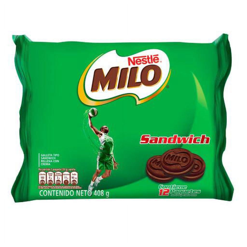 Galleta Milo is a colombian Cookie snack with a chocolate cream filling pck of 12 colombian food productos colombianos online