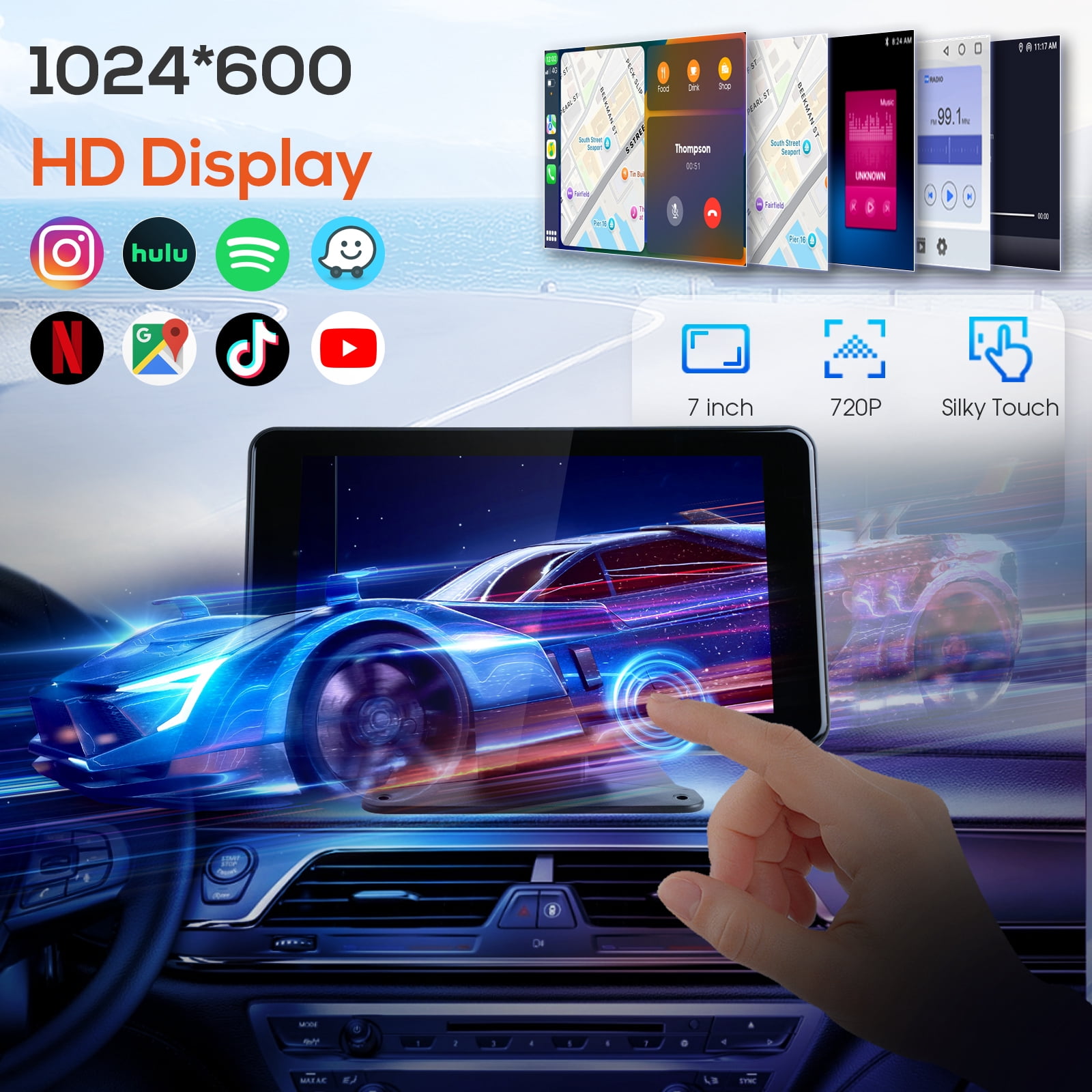 Haudio 7" Wireless Apple CarPlay & Android Auto Car Stereo, 7" HD Touch Screen with Backup Camera, GPS, Voice Control, FM/Bluetooth – Universal Fit