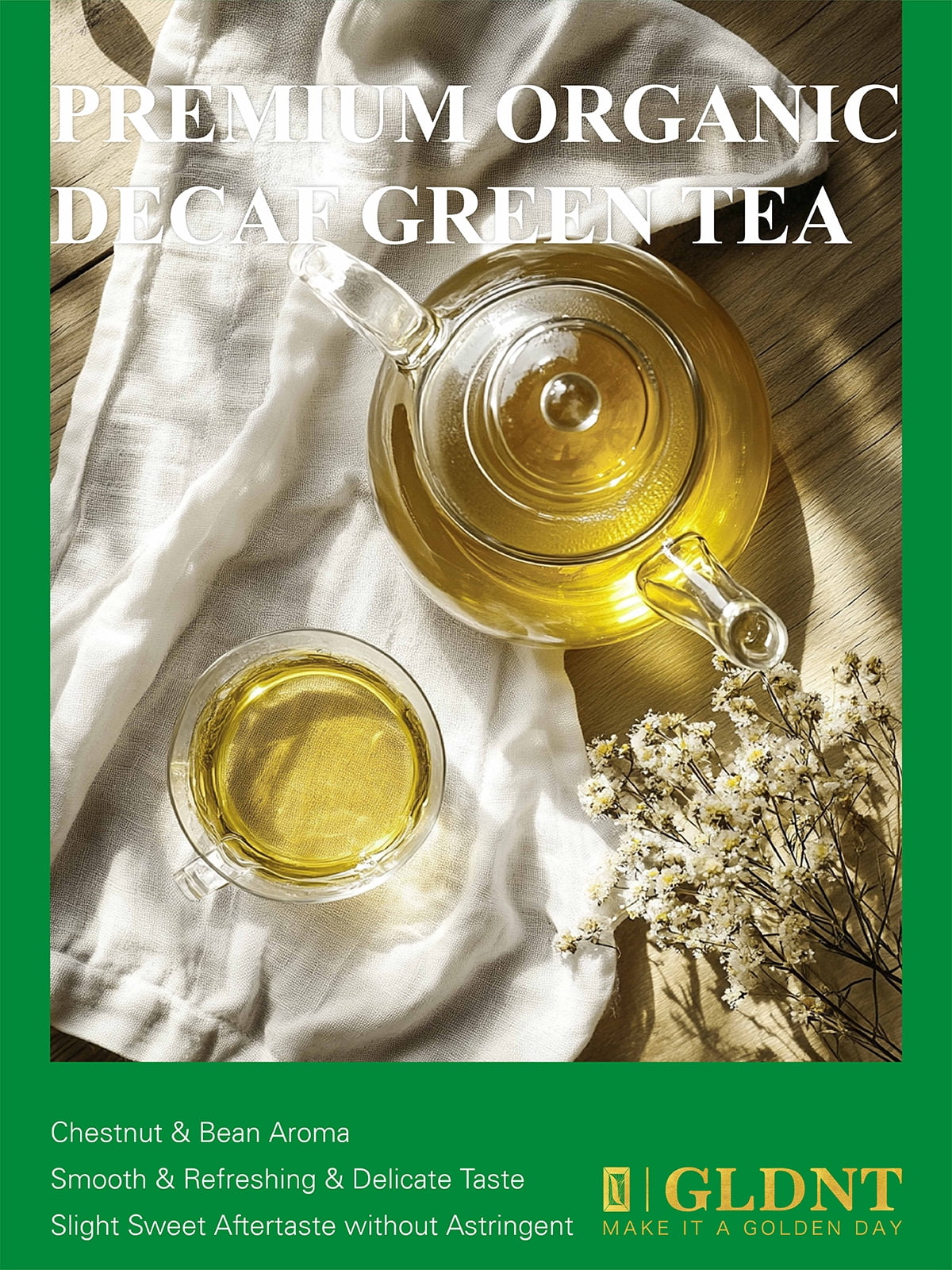 GLDNT Organic Decaf Green Tea, Organic Decaffeinated Green Tea Loose leaf, Delicate & Smooth Flavor, 16oz